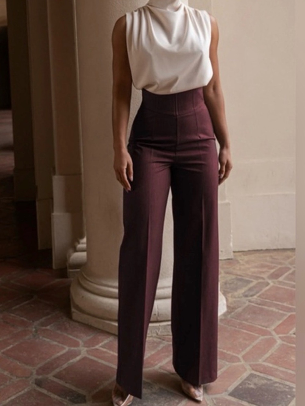 Commense Wide Leg High-Waist Pants in Burgundy